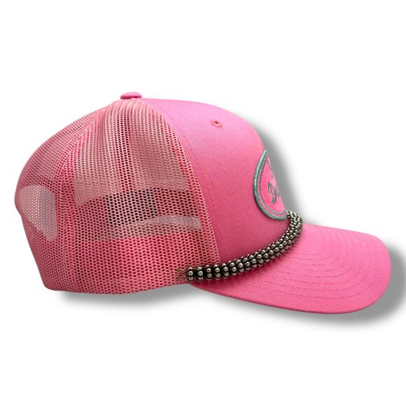 Day Drinking Trucker Hat Pink Teal Cactus Blossom Beads Adjustable - Picture 3 of 4